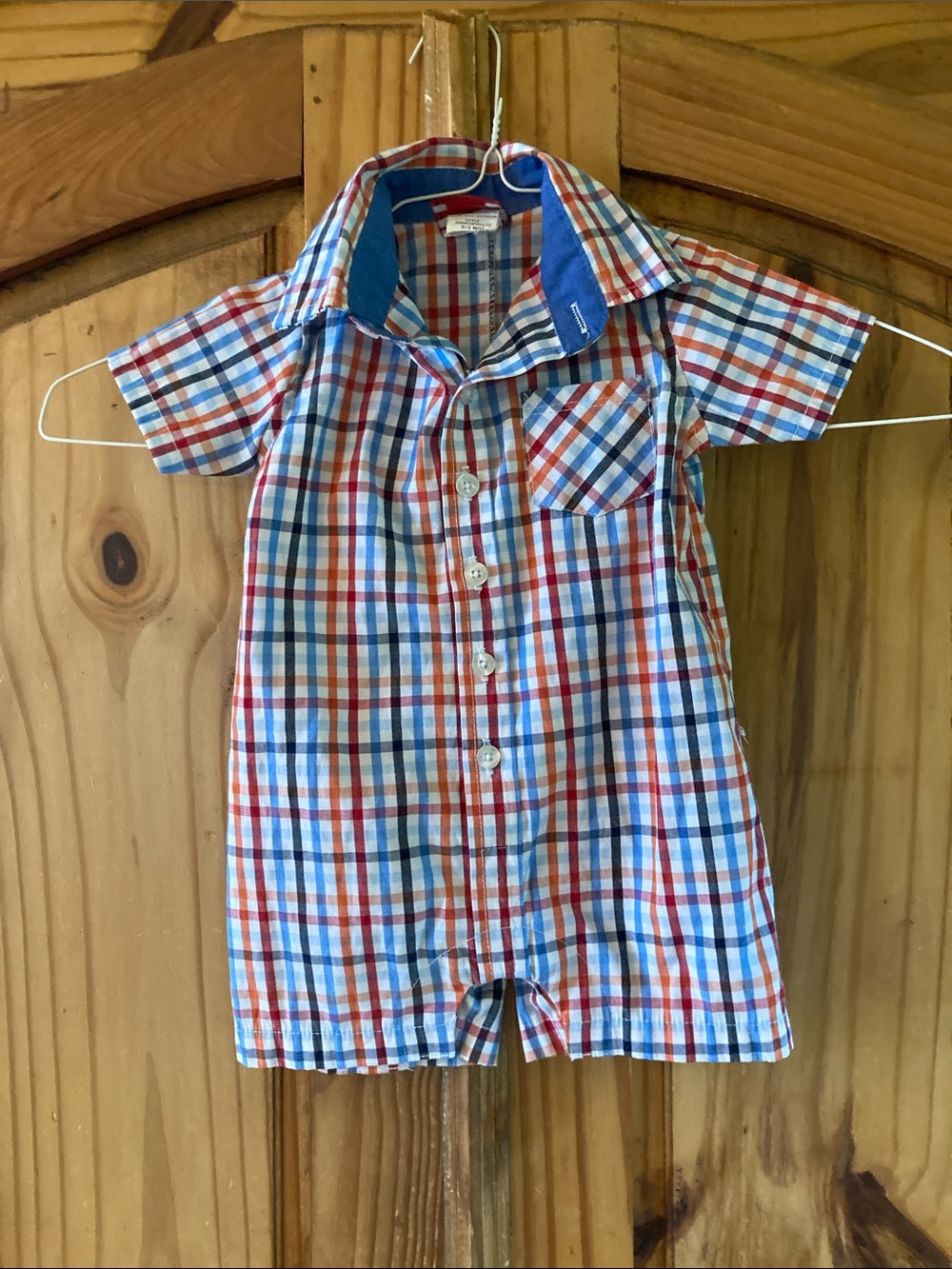 Boys Hudson Ferrell blue red orange plaid short sleeve romper size 0-3 months